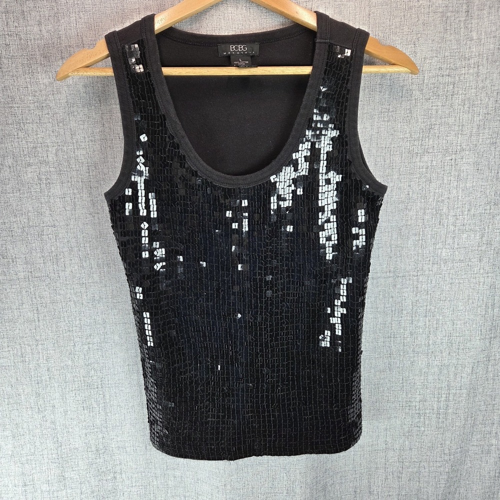 BCBG Maxazria Geometric Sequins Black Rave Tank Top Large Y2K Party Indie Sleaze